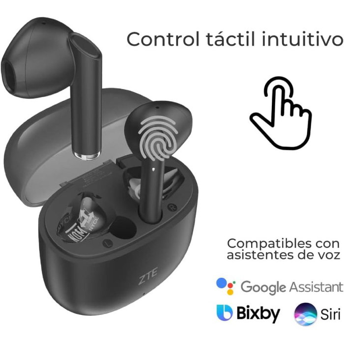 ZTE Buds 2 Auriculares Inalámbricos Bluetooth 5.3 con Estuche de Carga, 25h Autonomía Total, Control Táctil, Resistencia IPX4 al Agua, Color Negro - EB2201